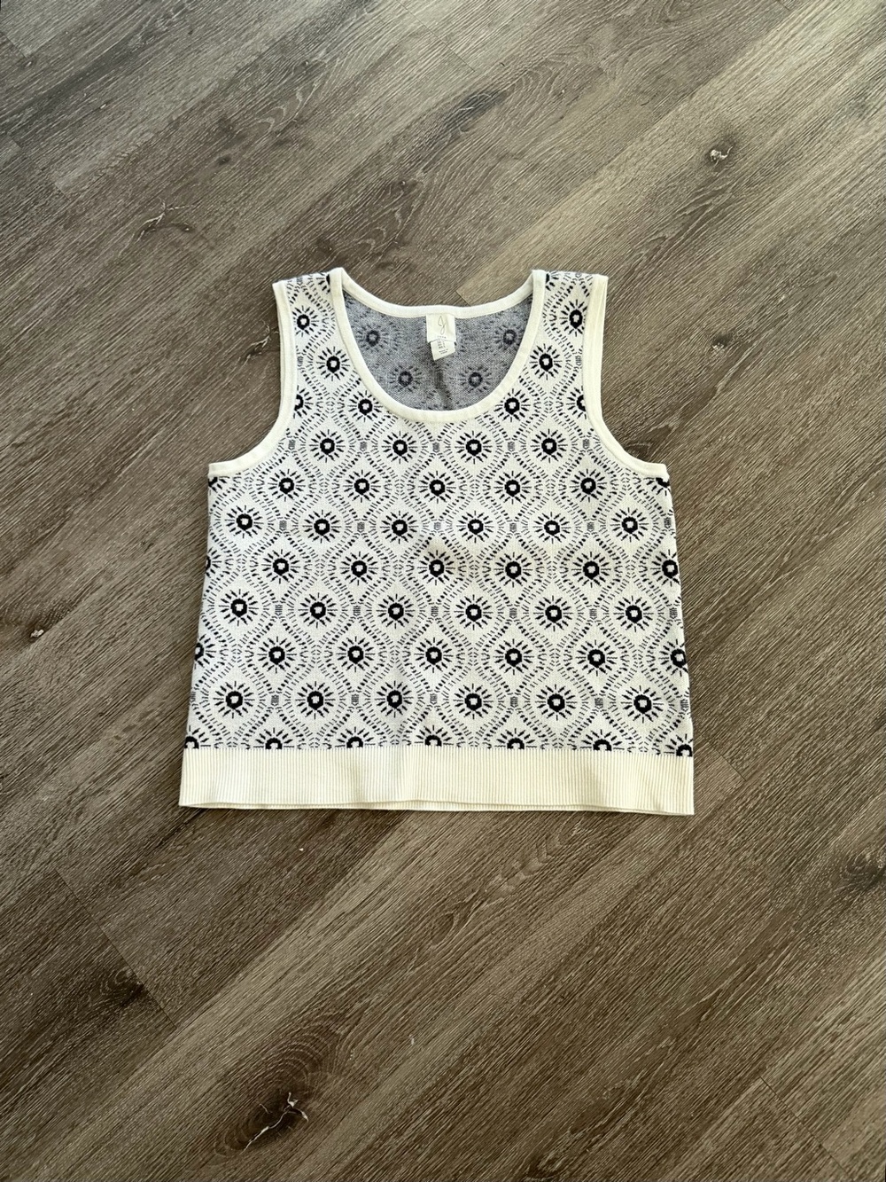 Joie White Tank Top with Black Sunburst Eyelet Pattern